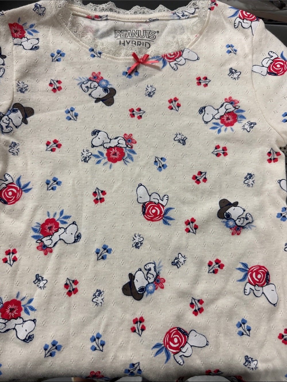 Peanuts White Kids' Short Sleeve Snoopy Floral Tee with Red & Blue Accents